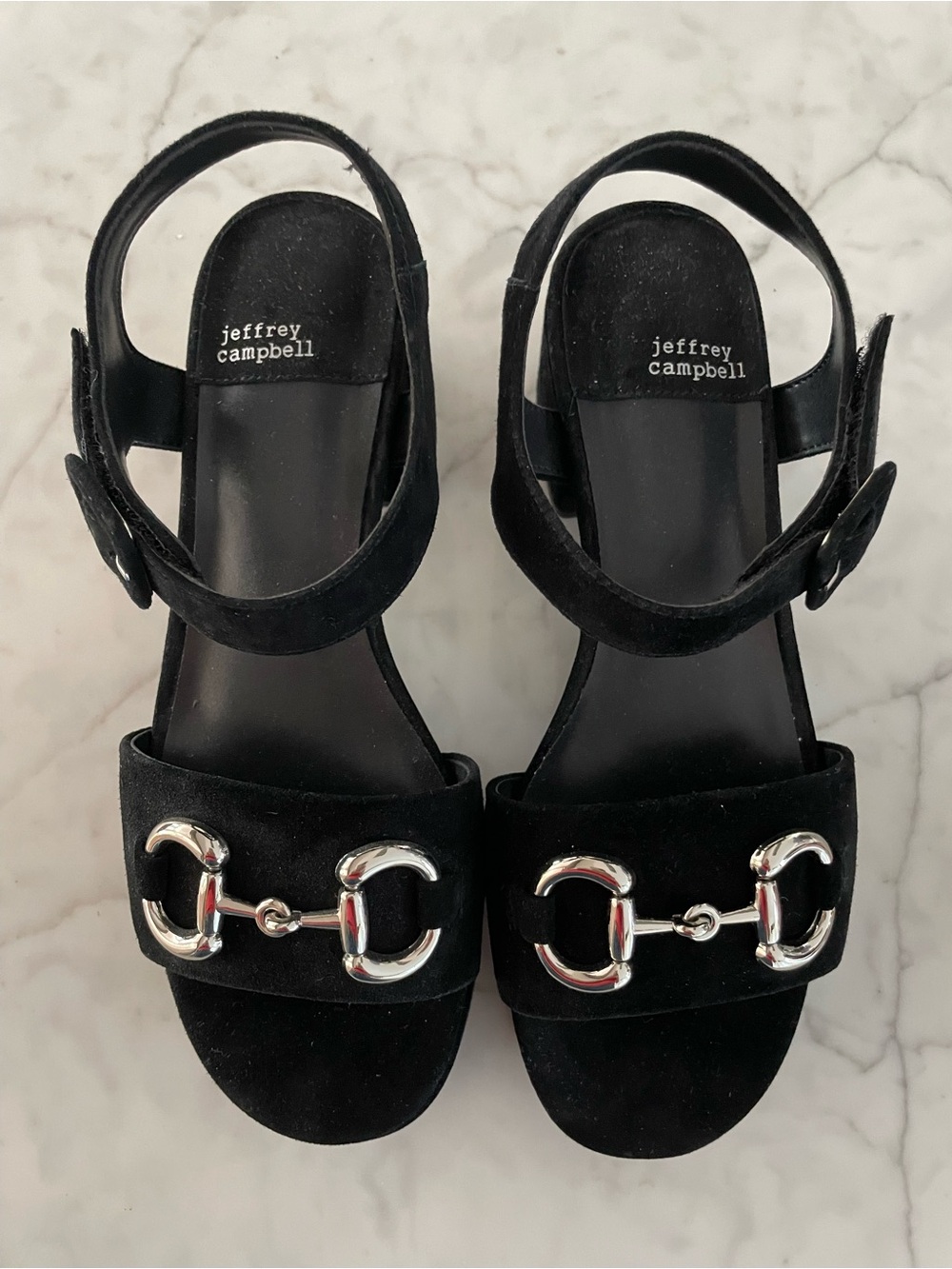 Jeffrey Campbell Black Suede Horsebit Ankle Strap Sandals Silver Hardware Sz 7.5